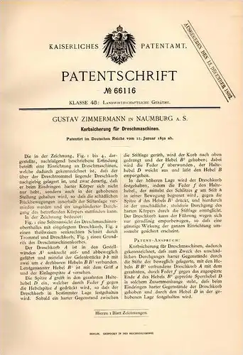 Original Patentschrift - G. Zimmermann in Naumburg a.S., 1892 , Dreschmaschine - Korbsicherung , Landwirtschaft , Agrar