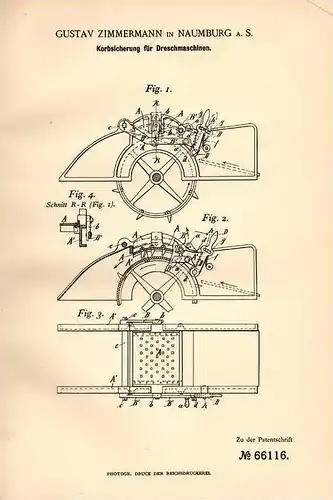 Original Patentschrift - G. Zimmermann in Naumburg a.S., 1892 , Dreschmaschine - Korbsicherung , Landwirtschaft , Agrar