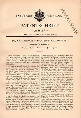 Original Patentschrift - Ludwig Haitinger in Klosterneuburg b. Wien , 1891 , Glühkörper für Gasglühlicht , Lampe !!!