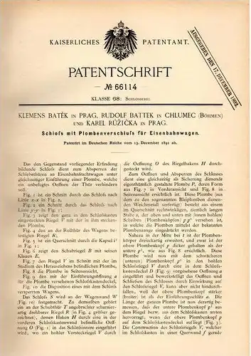 Original Patentschrift - R. Battek in Chlumec / Kulm , Böhmen , 1891 , Schloss für Eisenbahn , Fracht , Waggon !!!