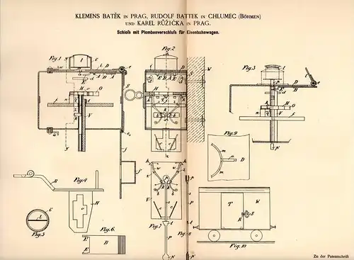 Original Patentschrift - R. Battek in Chlumec / Kulm , Böhmen , 1891 , Schloss für Eisenbahn , Fracht , Waggon !!!