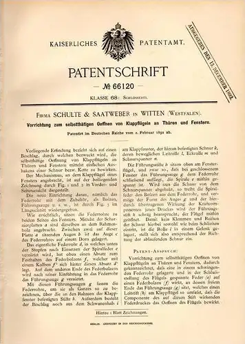 Original Patentschrift - Fa. Schulte & Saatweber in Witten , Westf., 1892 , Apparat für Türen und Fenster , Fensterbau !