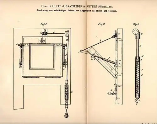 Original Patentschrift - Fa. Schulte & Saatweber in Witten , Westf., 1892 , Apparat für Türen und Fenster , Fensterbau !