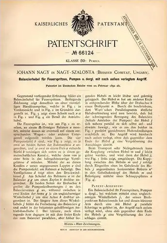 Original Patentschrift - J. Nagy in Nagy - Szalonta , Nagyszalonta , 1892 , Feuerspritze , Pumpe , Feuerwehr !!!