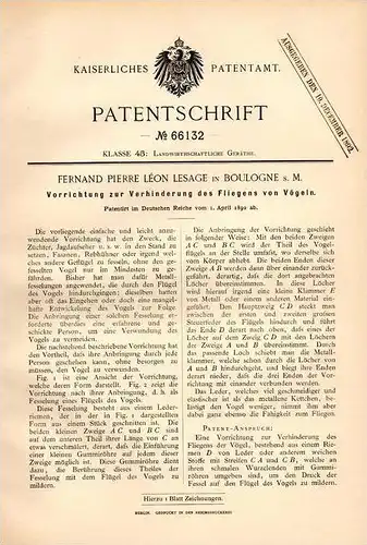 Original Patentschrift - Fernand Lesage in Boulogne sur Mer , 1892 , Apparat für Vögel , Fasane , Vogel , Jagd , Zucht !