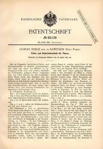 Original Patentschrift - Gustav Fliege in Rawitsch / Rawicz , Posen , 1892 , Fallenschloß für Türen , Schloss !!!