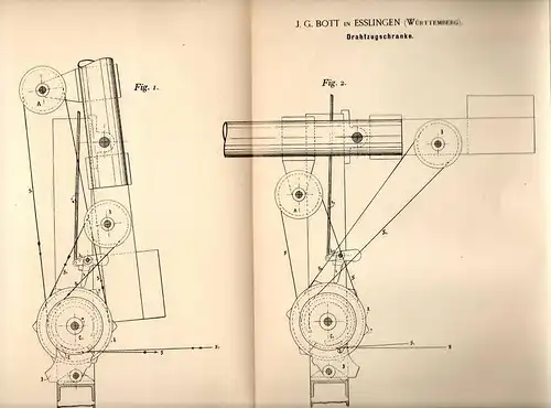 Original Patentschrift -  J.G. Bott in Esslingen , Württ. , 1892 , Drahtzugschranke , Schranke , Eisenbahn !!!