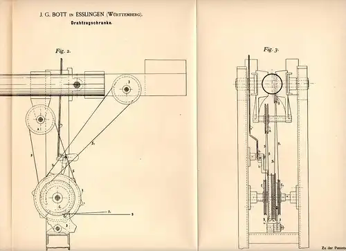 Original Patentschrift -  J.G. Bott in Esslingen , Württ. , 1892 , Drahtzugschranke , Schranke , Eisenbahn !!!