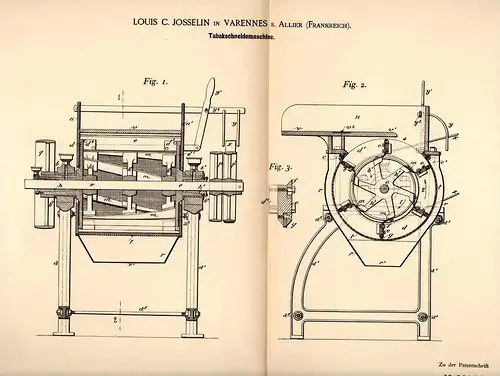 Original Patentschrift - L. Josselin in Varennes sur Allier , 1892 , Tabak - Schneidemaschine !!!