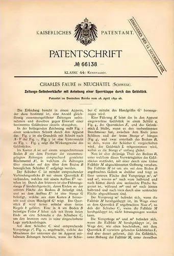 Original Patentschrift - Ch. Faure in Neuchatel / Neuenburg , 1892 , Zeitungs - Apparat , Zeitung , Verkaufsapparat !!!