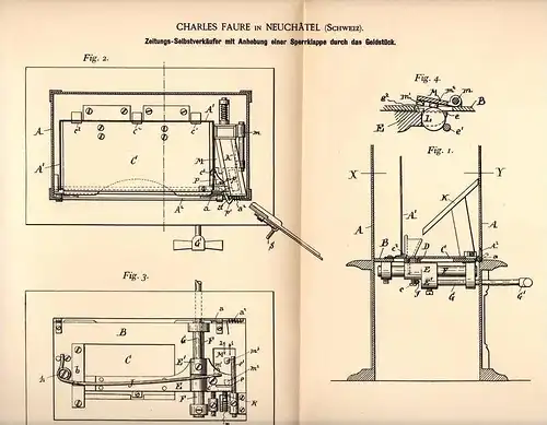 Original Patentschrift - Ch. Faure in Neuchatel / Neuenburg , 1892 , Zeitungs - Apparat , Zeitung , Verkaufsapparat !!!