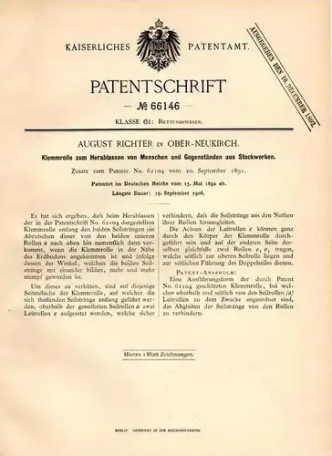 Original Patentschrift - A. Richter in Ober - Neukirch , Lausitz , 1892 , Klemmrolle für Seilzüge !!!