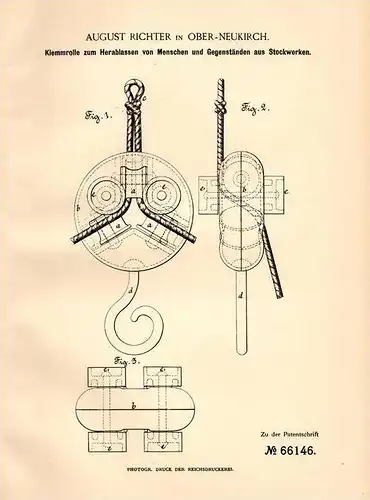 Original Patentschrift - A. Richter in Ober - Neukirch , Lausitz , 1892 , Klemmrolle für Seilzüge !!!
