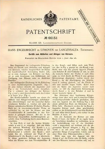 Original Patentschrift - H. Engelbrecht in Ufhoven b. Langensalza , Thür., 1892 , Geräth für Körner , Saat , Ackerbau !!