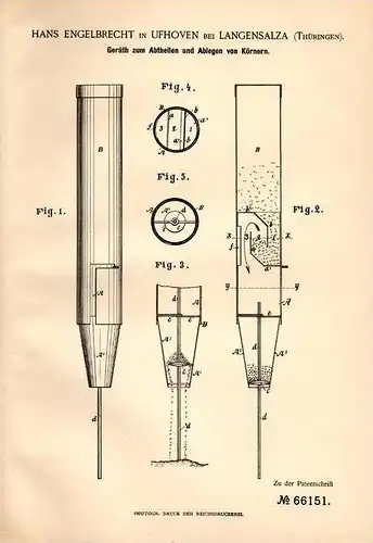 Original Patentschrift - H. Engelbrecht in Ufhoven b. Langensalza , Thür., 1892 , Geräth für Körner , Saat , Ackerbau !!