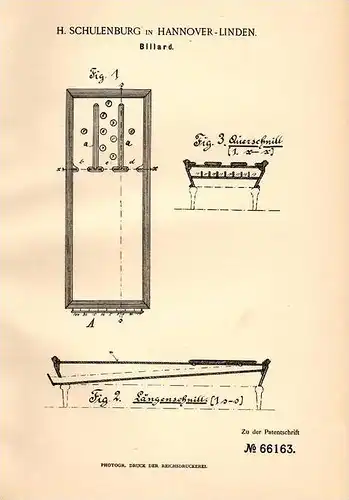 Original Patentschrift - Billard , 1892 , H. Schulenburg in Hannover - Linden !!!
