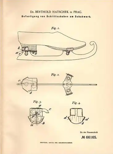 Original Patentschrift - Dr.B. Hatschek in Prag , 1892 , Schittschuh - Befestigung , Schlittschuhe , Eislauf !!!