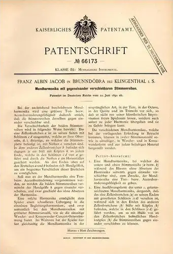 Original Patentschrift - F. Jacob in Brunndöbra b. Klingenthal i.S., 1892 , Mundharmonika !!!
