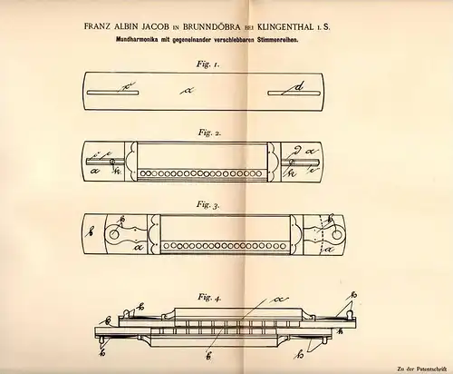 Original Patentschrift - F. Jacob in Brunndöbra b. Klingenthal i.S., 1892 , Mundharmonika !!!