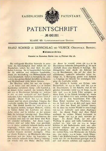 Original Patentschrift - Franz Schmid in Leinschlag b. Vilseck , Oberpfalz , 1892 , Mähmaschine , Landwirtschaft !!!
