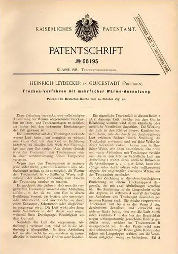 Original Patentschrift - H. Leydecker in Glückstadt a.d. Elbe , 1891 , Trockenverfahren mit Wärmeausnutzung !!!