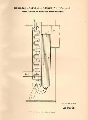 Original Patentschrift - H. Leydecker in Glückstadt a.d. Elbe , 1891 , Trockenverfahren mit Wärmeausnutzung !!!