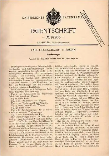 Original Patentschrift - Karl Goldschmidt in Brünn / Brno , 1896 , Krankenwagen , Arzt , Krankentransport !!!
