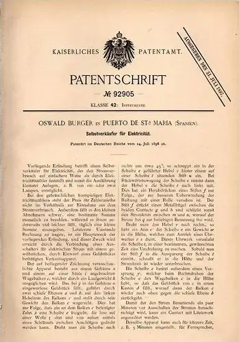 Original Patentschrift - Oswald Burger in Puerto de Santa Maria , Spain , 1896 , Selbstverkäufer für Elekticität !!!