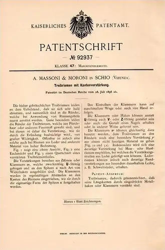 Original Patentschrift - A. Massoni & Moroni in Schio , Vizenza , 1896 , Treibriemen mit Kantenverstärkung !!!