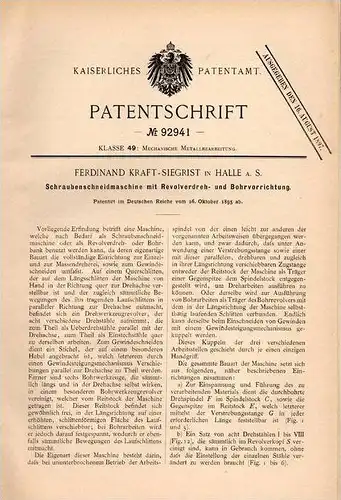 Original Patentschrift - F. Kraft - Siegrist in Halle a.S., 1895 , Schneidmaschine für Schrauben mit Revolverdrehbank !!
