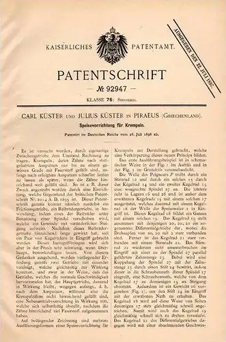 Original Patentschrift - Carl Küster in Piraeus , Greece , Speiseapparat für Krempel , Spinnerei !!!