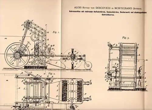 Original Patentschrift - Alois Ritter von Descovich in Montignano , Istrien , 1895 , Kehrmaschine , Straßenkehrer !!!