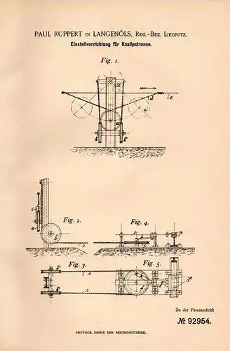 Original Patentschrift - P. Ruppert in Langenöls / Olszyna , Bez. Liegnitz , 1896 , Apparat für Patronen , Eisenbahn !!!