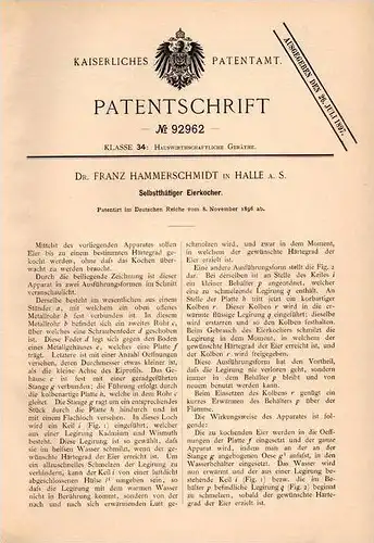 Original Patentschrift - Dr. F. Hammerschmidt in Halle a.S., 1896 , selbsttätiger Eierkocher , Ei !!!