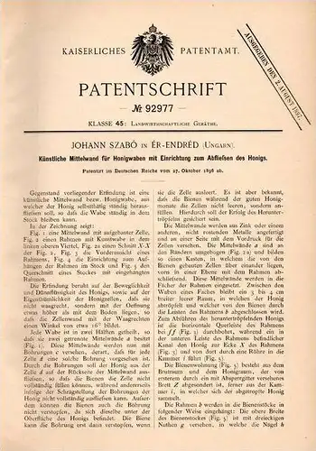 Original Patentschrift - J. Szabó in Érendréd / Andrid , 1896 , Honig - Wabe zum Abfließen des Honigs , Imkerei , Imker