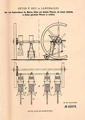 Original Patentschrift - Peter Reu in Langballig , Schleswig-Holstein , 1896 , Säe- und Hackverfahren für Rüben !!!