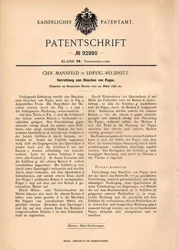 Original Patentschrift - Christian Mansfeld in Leipzig - Reudnitz , 1896 , Apparat zum Stauchen von Pappe !!!