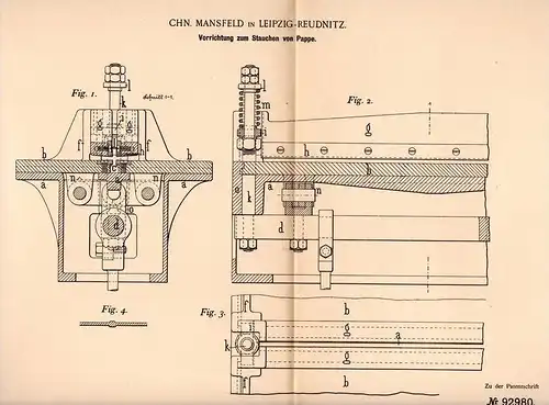 Original Patentschrift - Christian Mansfeld in Leipzig - Reudnitz , 1896 , Apparat zum Stauchen von Pappe !!!