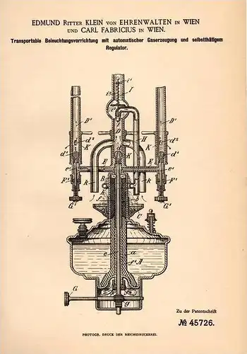 Original Patentschrift - Edmund Ritter Klein von Ehrenwalten in Wien , 1888 . Beleuchtungsapparat mit Regulator !!!