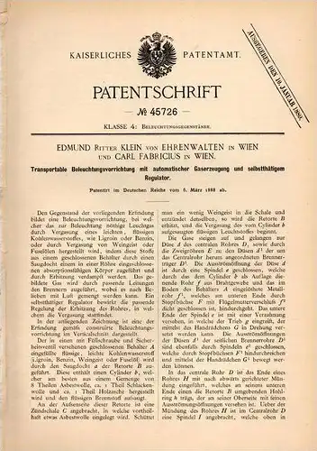 Original Patentschrift - Edmund Ritter Klein von Ehrenwalten in Wien , 1888 . Beleuchtungsapparat mit Regulator !!!