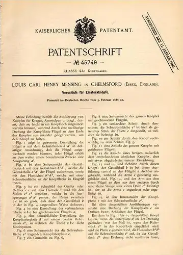 Original Patentschrift - L.C. Mensing in Chelmsford , Essex , 1888 , Knöpfe , Knopf , Verschluß !!!