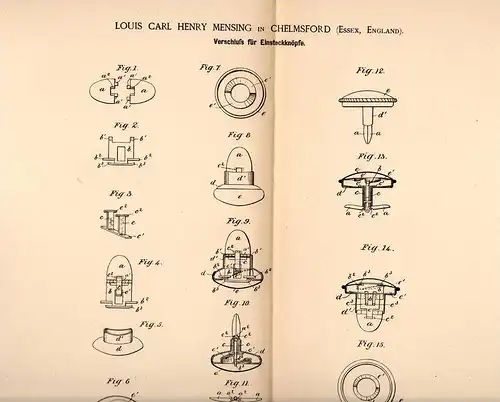 Original Patentschrift - L.C. Mensing in Chelmsford , Essex , 1888 , Knöpfe , Knopf , Verschluß !!!