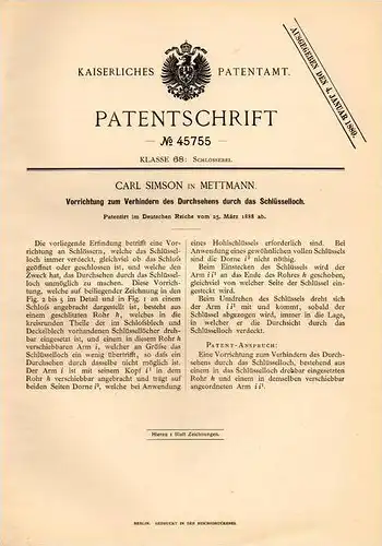 Original Patentschrift - Carl Simson in Mettmann , 1888 , Schutz für Schlüsselloch , Schloß !!!