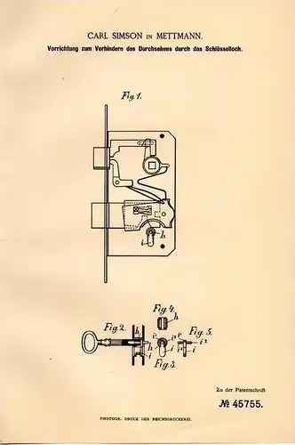 Original Patentschrift - Carl Simson in Mettmann , 1888 , Schutz für Schlüsselloch , Schloß !!!