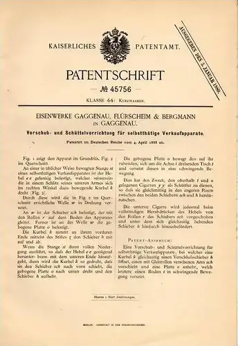 Original Patentschrift - Flürscheim & Bergmann in Gaggenau , 1888 , Verkaufsapparat - Schüttelvorrichtung , Automat !!!