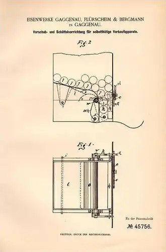 Original Patentschrift - Flürscheim & Bergmann in Gaggenau , 1888 , Verkaufsapparat - Schüttelvorrichtung , Automat !!!