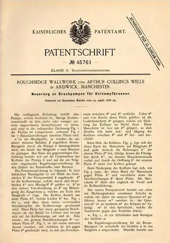 Original Patentschrift - R. Wallwork und A. Wells in Ardwick , Manchester , 1888 , Oeldampfbrenner - Druckpumpe !!!