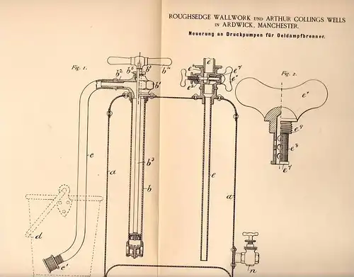 Original Patentschrift - R. Wallwork und A. Wells in Ardwick , Manchester , 1888 , Oeldampfbrenner - Druckpumpe !!!