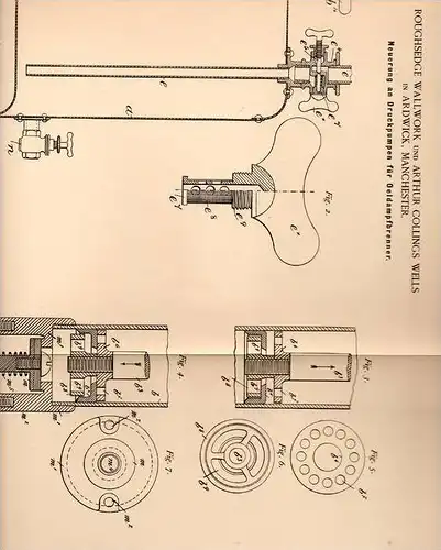 Original Patentschrift - R. Wallwork und A. Wells in Ardwick , Manchester , 1888 , Oeldampfbrenner - Druckpumpe !!!