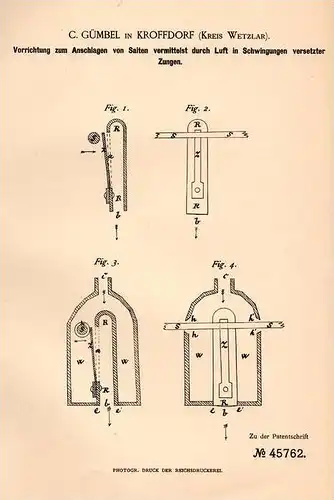 Original Patentschrift - C. Gümbel in Krofdorf b. Wettenberg , Kreis Wetzlar , 1888 , Apparat für Saiten - Instrumente !